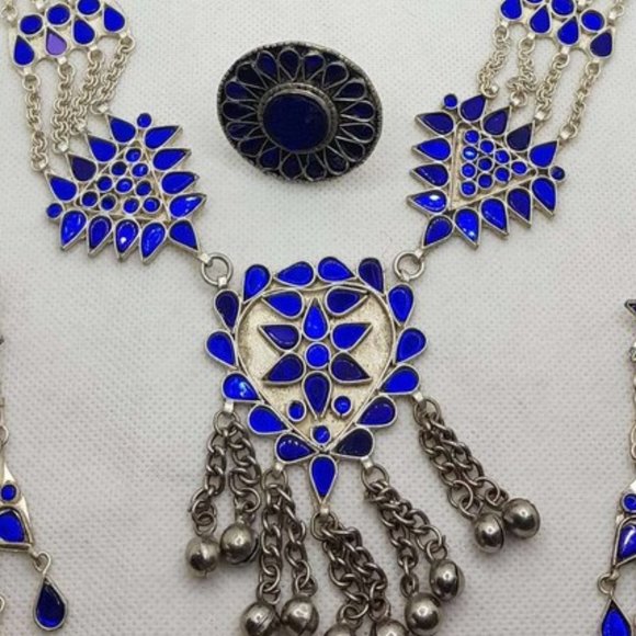 Blue Glass Stones Mala Pendant Necklace With Big Earrings and Ring, Handmade - Picture 8 of 12